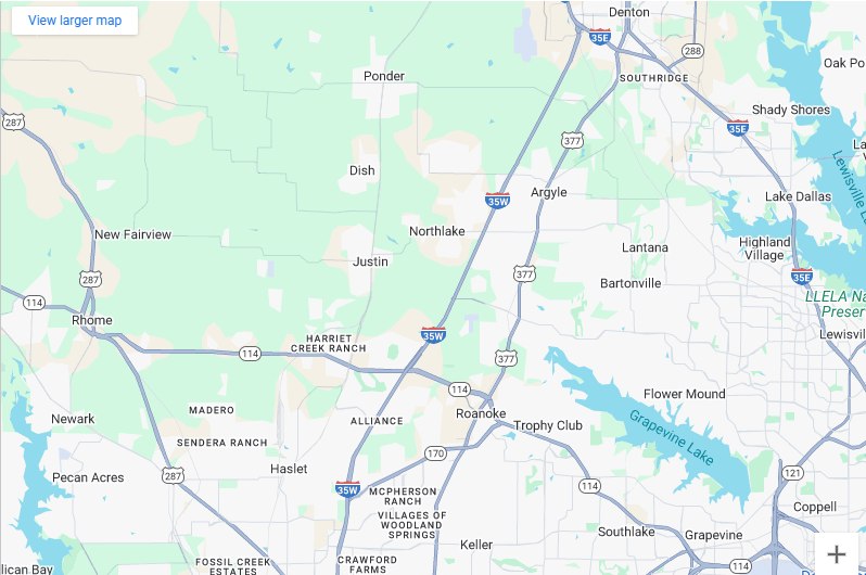Map of FixWise Appliance Co. service area including Justin, Roanoke, Keller, and Denton.